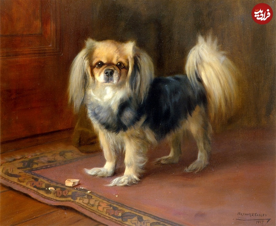 faithful-and-fearless-kylin-by-arthur-john-elsley-c-1900-this-painting-by-arthur-john-elsley-shows-a-tibetan-spaniel-standing-on-a-rug-with-a-dog-biscuit-at-his-feet