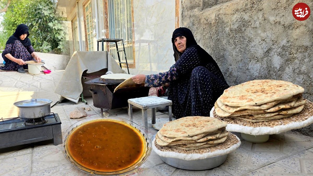 ببینید؛ غذای روستایی در ایران؛ پخت نان سنتی ساجی و عدسی توسط مادربزرگ روستایی