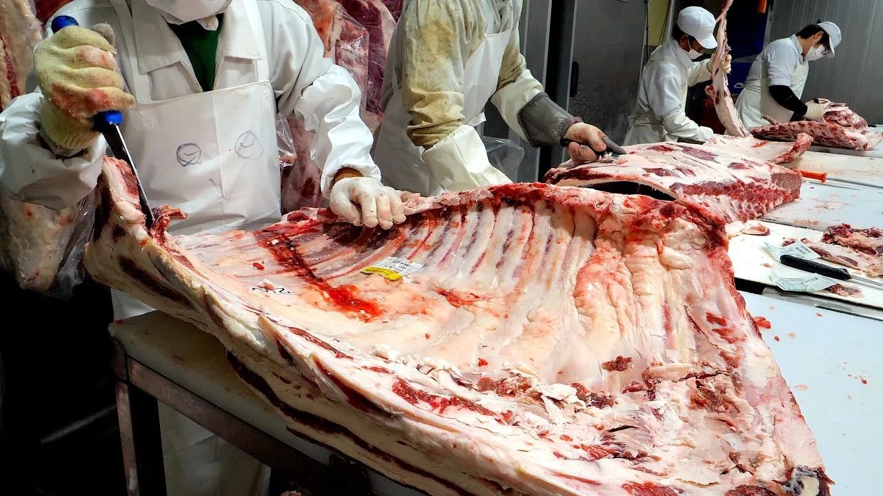 (ویدئو) فرآیند برش و بسته بندی گوشت هزاران گاو بزرگ در یک کارخانه کره ای