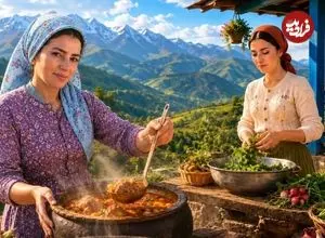 ببینید| غذای روستایی در ایران؛ پخت آبگوشت با گوشت بره در دیگ سنگی