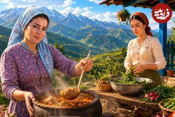 ببینید| غذای روستایی در ایران؛ پخت آبگوشت با گوشت بره در دیگ سنگی