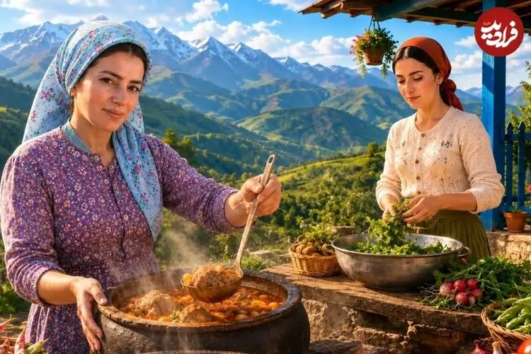 ببینید| غذای روستایی در ایران؛ پخت آبگوشت با گوشت بره در دیگ سنگی