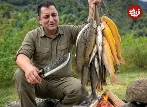 ببینید| غذای روستایی در آذربایجان؛ صید ماهی قزل آلا و کباب کردن آن روی سنگ