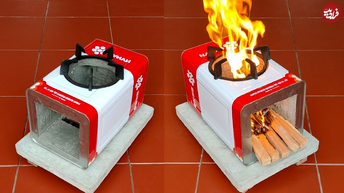 ببینید؛ نحوه درست کردن یک اجاق هیزمی کمهزینه با قوطی روغن و سیمان