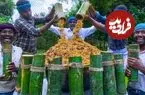 ببینید| غذای روستایی در هند؛ پخت بریانی گوشت گوسفند در بامبو