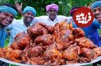 ببینید؛ غذای روستایی در هند؛ کباب مرغ تند شکم پر با سبزیجات در طبیعت