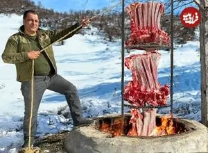 ببینید| غذای روستایی در آذربایجان؛ کباب دنده گاو در تنور و در هوای برفی