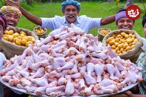 ببنیید؛ غذای روستایی در هند؛ پخت یک غذای غول پیکر با مرغ و سیب زمینی 