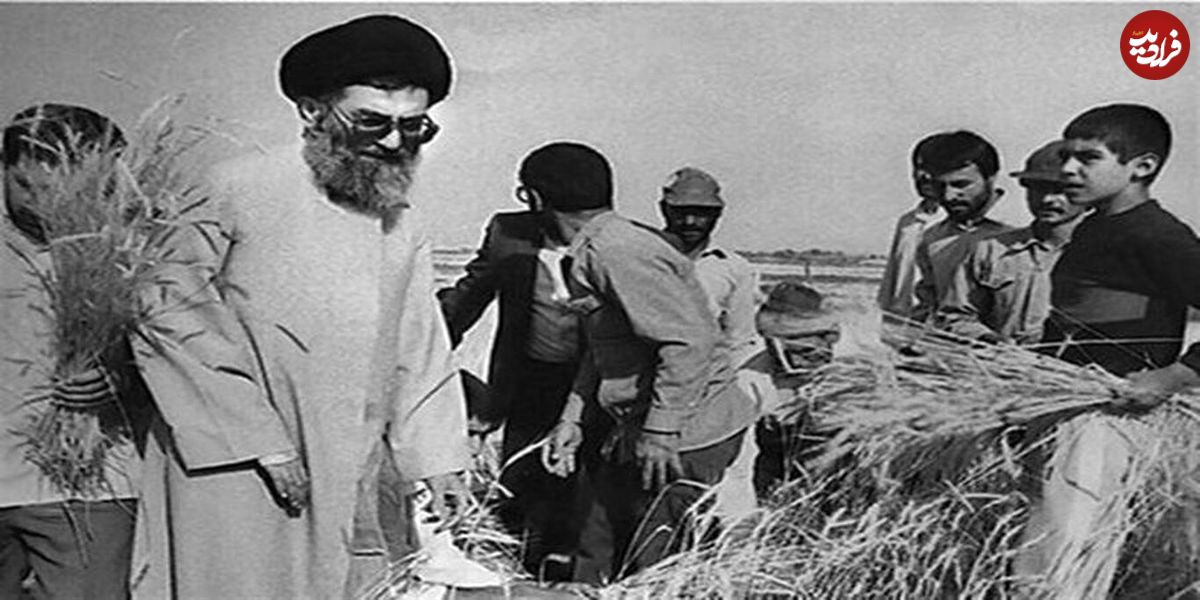 رهبر معظم انقلاب هنگام مشارکت در دروی گندم