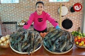 ببینید؛ غذای روستایی در چین؛ پخت غذا با 5 کیلوگرم میگوی رودخانه ای