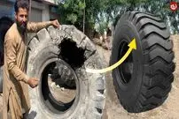 (ویدئو) مهارت خارق العاده استاد پاکستانی در تعمیر پارگی لاستیک غول پیکر