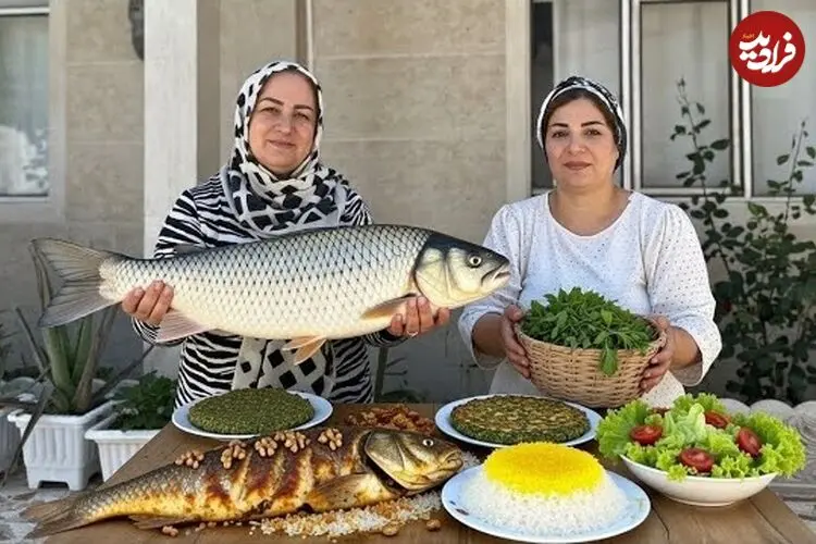 ببینید| غذای روستایی در ایران؛ پخت ماهی شکم پر با گردو و سبزیجات