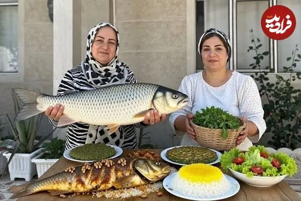 ببینید| غذای روستایی در ایران؛ پخت ماهی شکم پر با گردو و سبزیجات