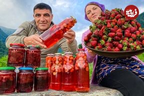 ببینید؛ غذای روستایی در آذربایجان؛ تهیه مربا، کمپوت و کیک پای با 15 کیلو توت فرنگی