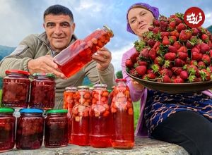 ببینید؛ غذای روستایی در آذربایجان؛ تهیه مربا، کمپوت و کیک پای با 15 کیلو توت فرنگی