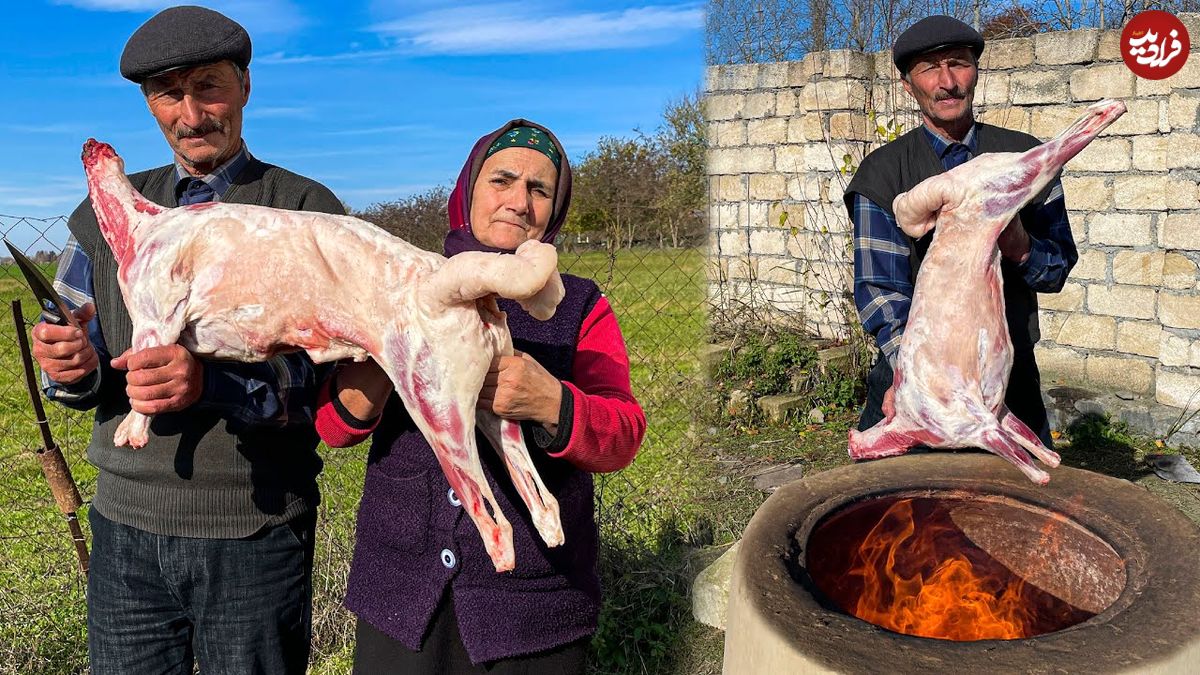 (ویدئو) غذای روستای در آذربایجان؛ گوسفند کامل بریانی شکم پر با برنج