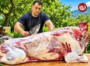 ببینید| غذای روستایی در آذربایجان؛ برش زدن حرفه ای یک گاو کامل و پخت غذا با آن