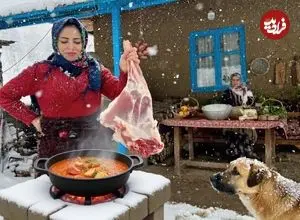 ببینید| غذای روستایی در ایران؛ پخت پیراشکی گوشت در روستایی کوهستانی
