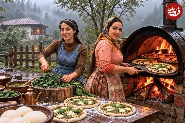 ببینید| غذای روستایی در ایران؛ مراحل دیدنی پخت پیتزای مرغ و اسفناج در بشکه