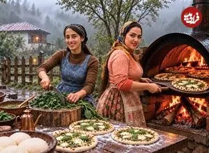 ببینید| غذای روستایی در ایران؛ مراحل دیدنی پخت پیتزای مرغ و اسفناج در بشکه