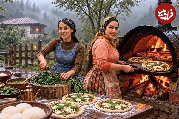 ببینید| غذای روستایی در ایران؛ مراحل دیدنی پخت پیتزای مرغ و اسفناج در بشکه
