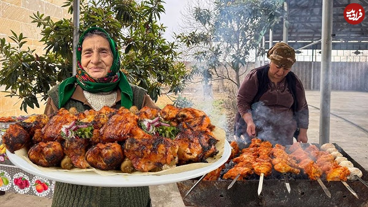 (ویدئو) غذای روستایی در آذربایجان؛ تهیه جوجه کباب و قارچ کبابی