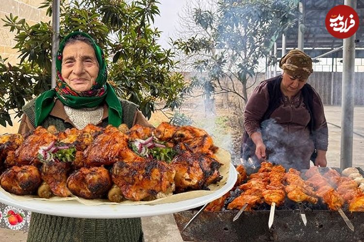 (ویدئو) غذای روستایی در آذربایجان؛ تهیه جوجه کباب و قارچ کبابی