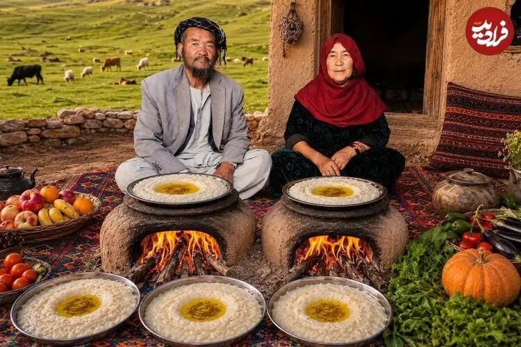 ببینید| غذای روستایی در افغانستان؛ پخت شیر برنج روی آتش توسط زوج مسن افغان