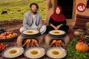 ببینید| غذای روستایی در افغانستان؛ پخت شیر برنج روی آتش توسط زوج مسن افغان