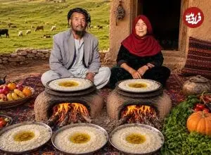 ببینید| غذای روستایی در افغانستان؛ پخت شیر برنج روی آتش توسط زوج مسن افغان