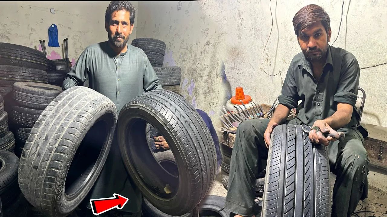 (ویدئو) پاکستانی ها به این شکل لاستیک های فرسوده را بازسازی می کنند!