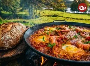 ببینید| غذای روستایی در انگلیس؛ پخت املت شاک شوکا با مرغ و میگو همراه با نان در جنگل