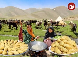ببینید؛ غذای عشایری در افغانستان؛ پخت یک غذای محلی با سیب زمینی و گوشت
