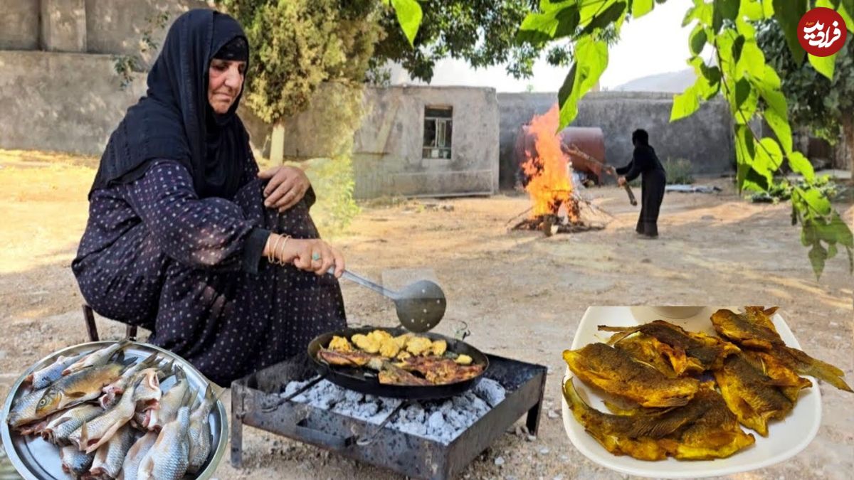 ببینید؛ غذای روستایی در ایران؛ پخت سبزی پلو با ماهی توسط مادربزرگ روستایی
