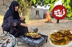 ببینید؛ غذای روستایی در ایران؛ پخت سبزی پلو با ماهی توسط مادربزرگ روستایی