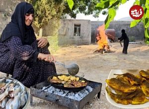 ببینید؛ غذای روستایی در ایران؛ پخت سبزی پلو با ماهی توسط مادربزرگ روستایی