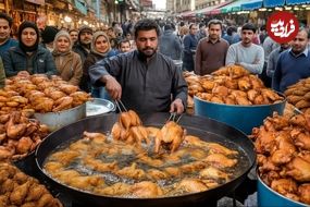 ببینید؛ غذای خیابانی در پاکستان؛ پخت مرغ به روش متفاوت پیشاوری ها