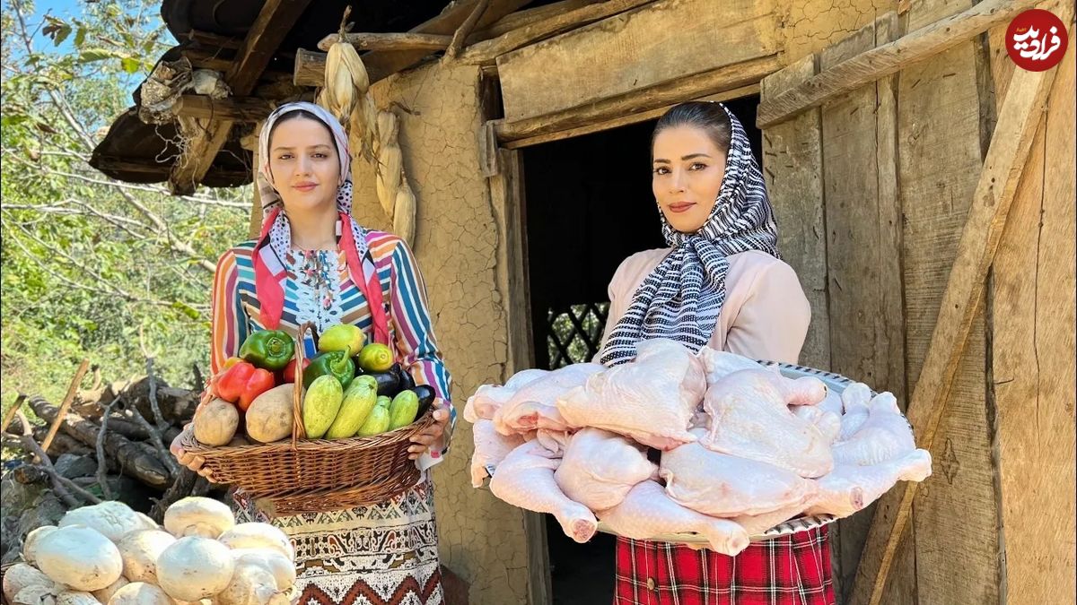 (ویدئو) روش متفاوت و جالب این دو بانوی روستایی گیلانی در پخت مرغ و قارچ