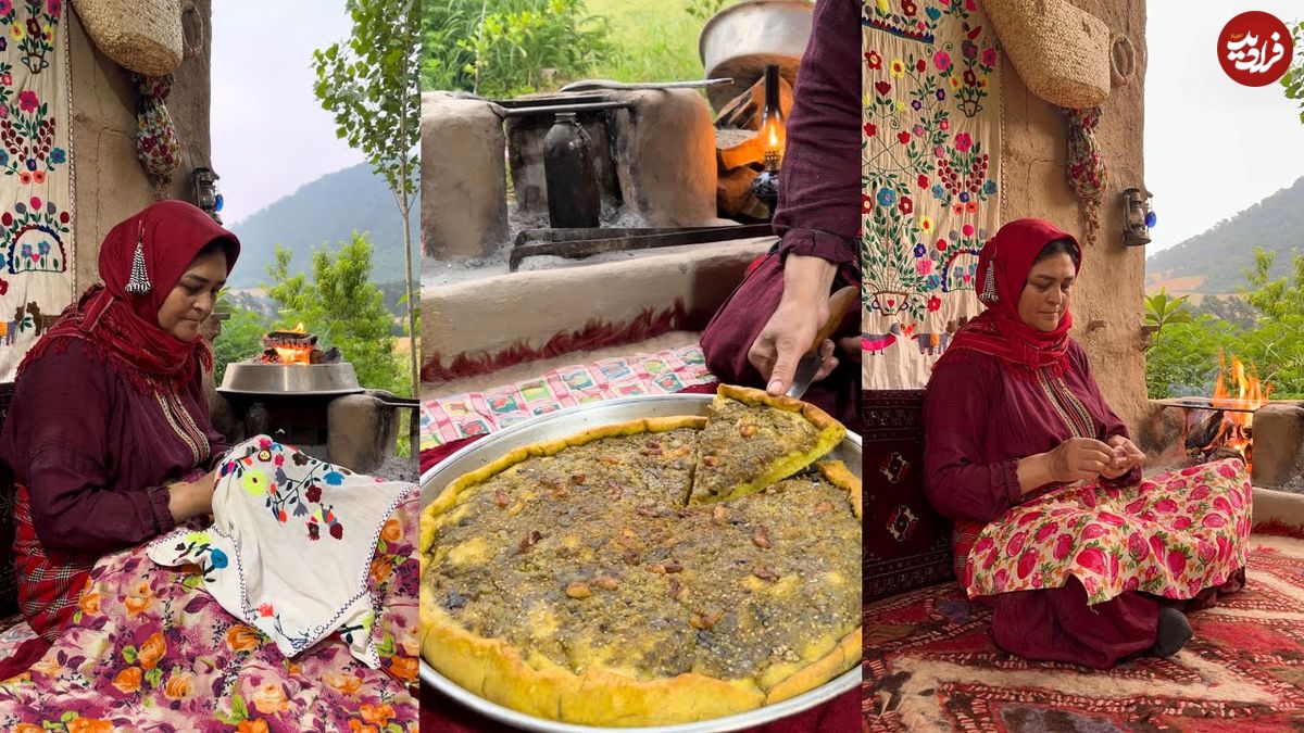 ببینید؛ غذای روستایی در ایران؛ پخت یک نان محلی با آرد، سیر، کره و بادمجان کبابی