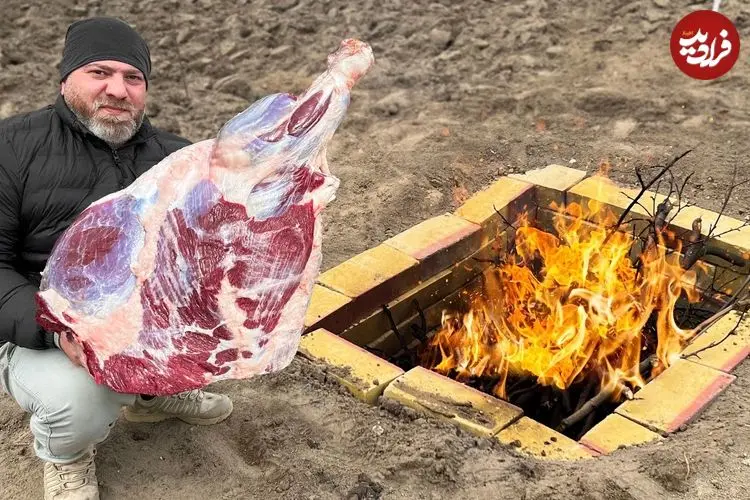 ببینید| غذای روستایی در آذربایجان؛ کباب کردن ران بزرگ گاو در تنور زیر زمینی 