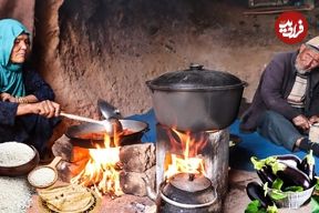 ببییند؛ غذای روستایی در افغانستان؛ پخت پلو خورشت بادمجان در غار
