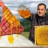 ببینید| غذای روستایی در آذربایجان؛ کباب ران گوساله با عسل و نمک در تنور 