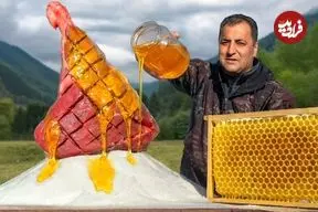 ببینید| غذای روستایی در آذربایجان؛ کباب ران گوساله با عسل و نمک در تنور 