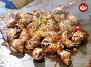 ببینید| غذای خیابانی در تایوان؛ حلزون دریایی سرخ شده با سبزیجات در تایپه