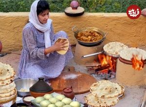 ببینید؛ غذای روستایی در هند؛ پخت خوراک مرغ کاری و نان تازه توسط بانوی روستایی