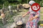 (ویدئو) پخت یک غذای محلی با مرغ و انار به روش بانوی روستایی مازندرانی