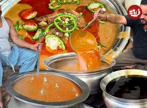 ببینید؛ غذای خیابانی در پاکستان؛ پخت نهاری محبوب با مغز استخوان گاو در کراچی 