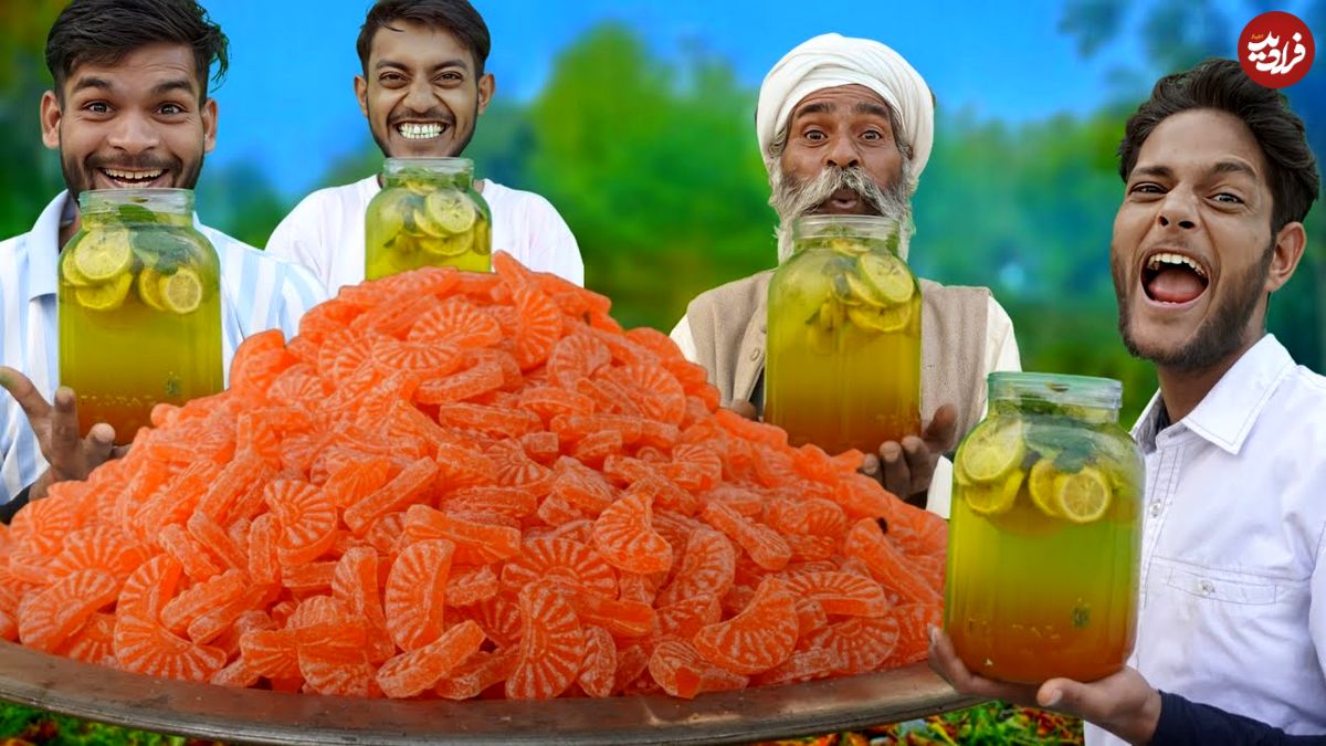 ببینید؛ غذای روستایی در هند؛ تهیه نوشیدنی با تعداد زیادی آب نبات پرتقالی