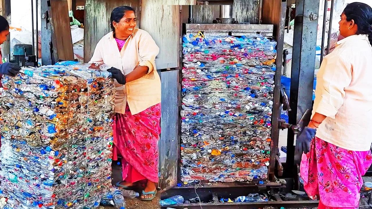 (ویدئو) بازیافت و پرس زباله های پلاستیکی توسط این چند زن زحمتکش هندی