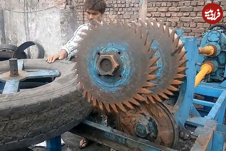 (ویدئو) روش هوشمندانه پاکستانی ها برای بُرش، بازیافت و تبدیل لاستیک های کهنه